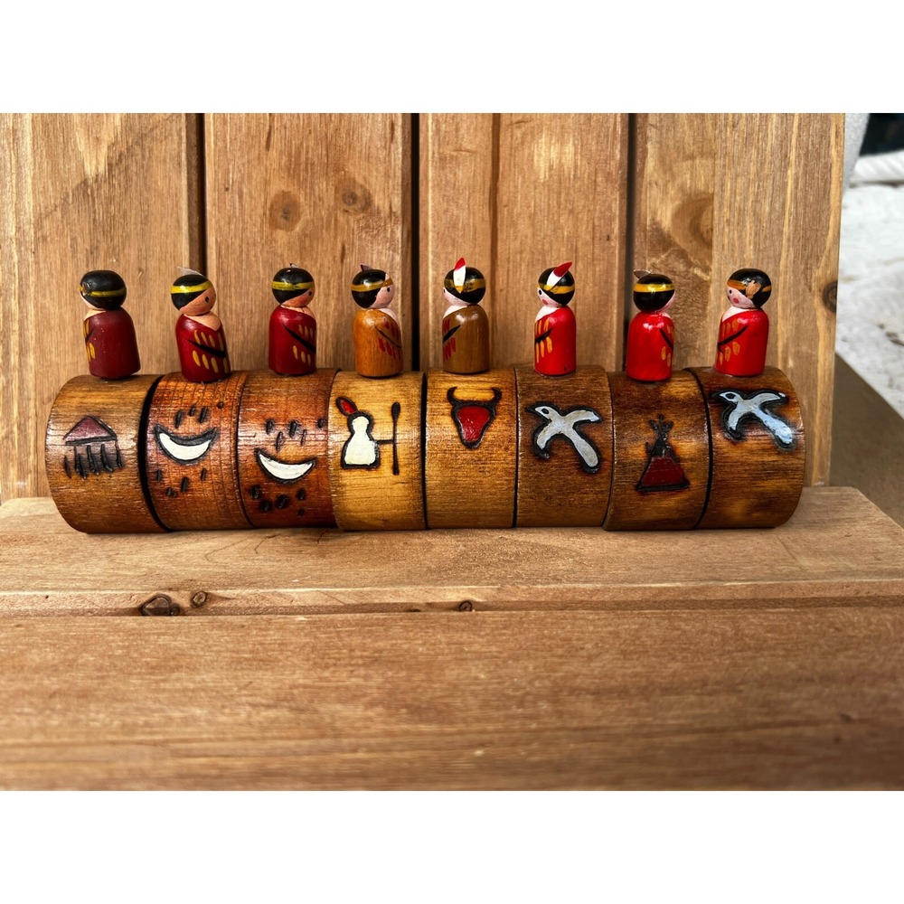 Native American Indian Style Wood Napkin ~ Rings Set of 8 ~ Carved Hand-Painted